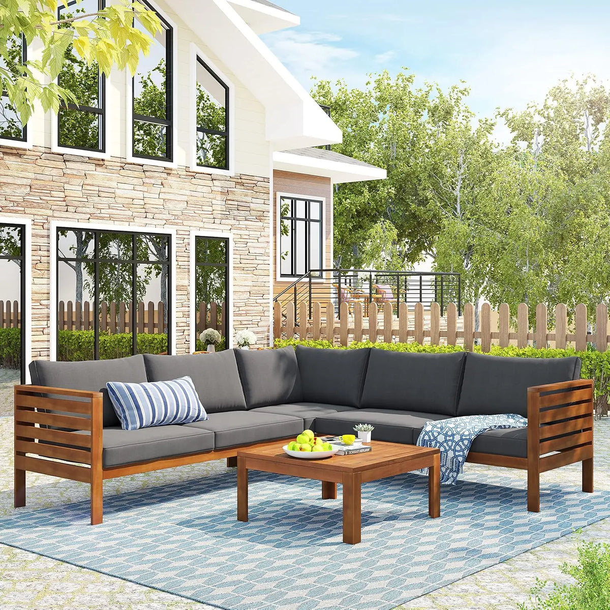 7 Piece Outdoor Patio Furniture Sofa Sets,All Weather Rattan Conversation Sofa Set with Striped Green Pillows/Tempered, Custom