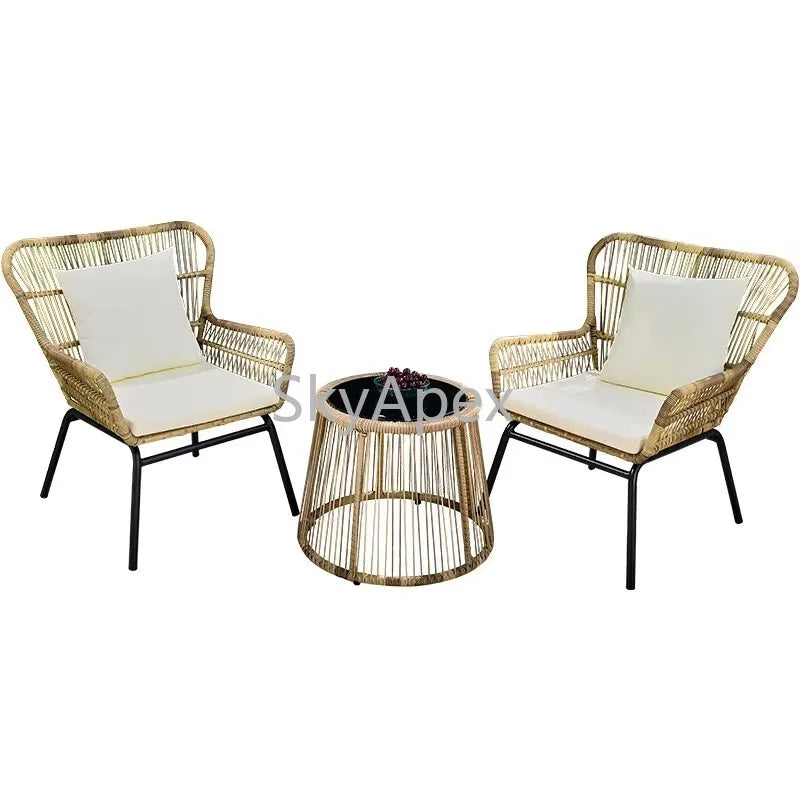 Modern 3-Piece 2-Seater Comfortable Metal Frame Rattan Wicker Chair and Table Set  For Outdoor Balcony Courtyard Apartment Patio