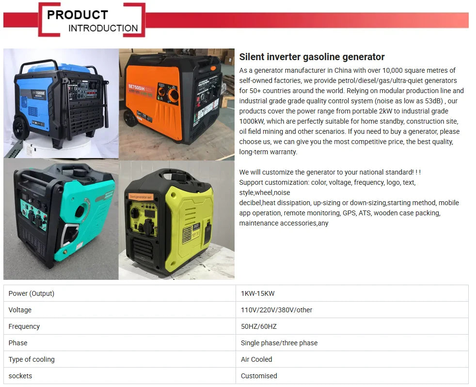 Inverter Generator 50/60HZ 10kva Portable Petrol Generator Electrical Generators for Home 1kw 2kw 3kw 5kw 7kw 8kw 10KW