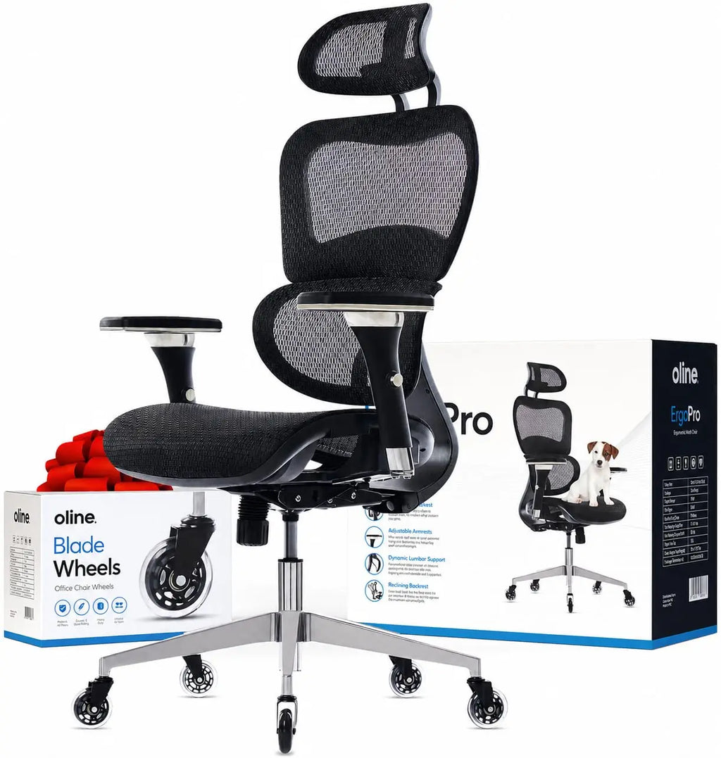 Oline ErgoPro Ergonomic Office Chair with 4D Adjustable Armrest, 3D Lumbar Support and Blade Wheels - Mesh Computer Gaming Rolling Desk Executive Swivel Home Chair (White)