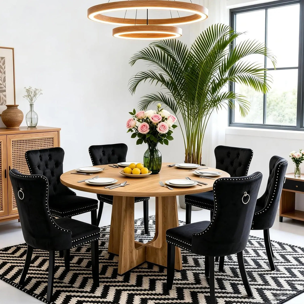 7-Piece Round Dining Table Set for 6, 47" Black Farmhouse Kitchen Table with 6 Gray Velvet Tufted Chairs, Modern Circle, Custom