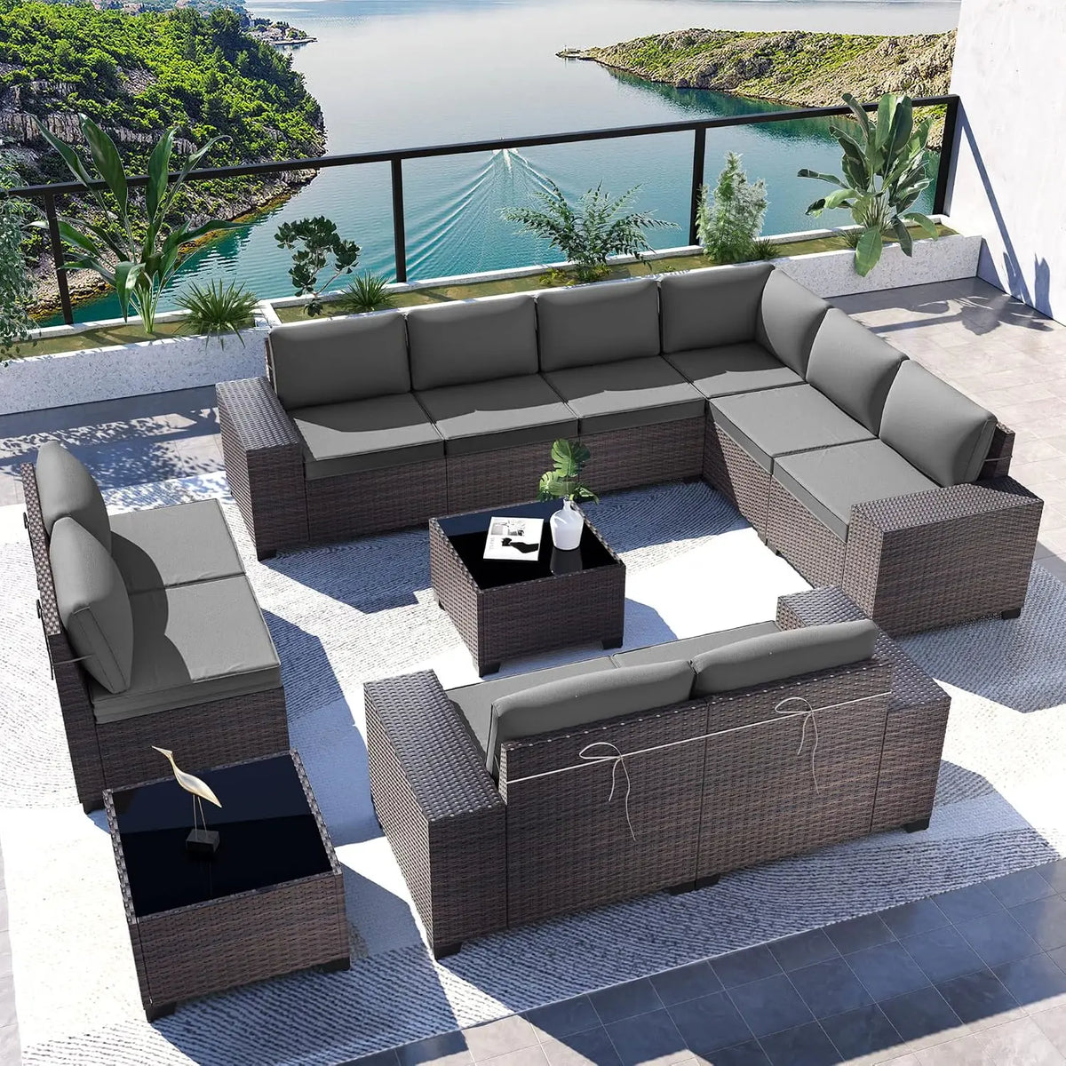 12 Piece Outdoor Wicker Sectional Sofa Set, Patio Garden Furniture, PE Rattan, Customized