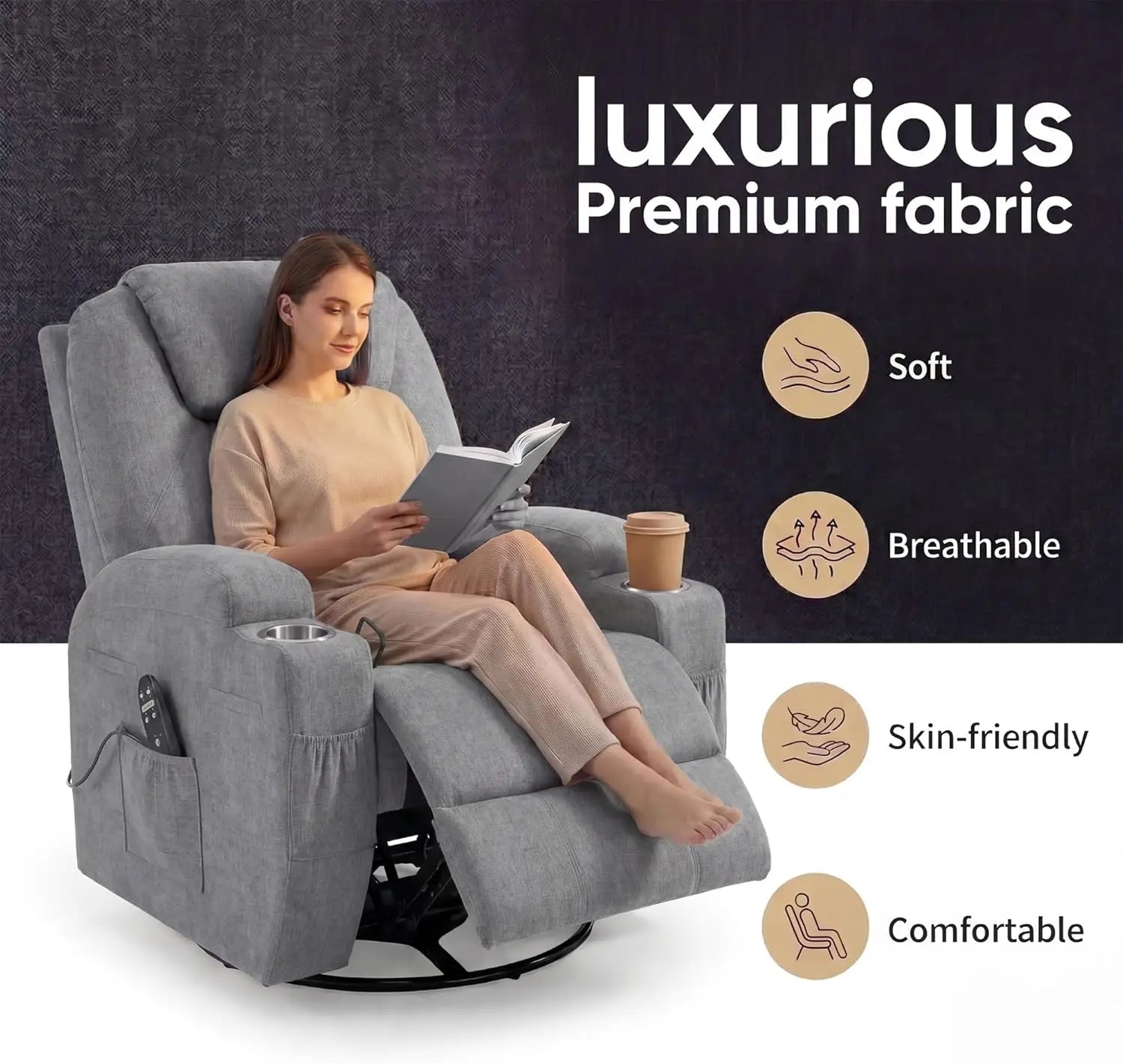 Small Swivel Rocker Recliner, 360 Rocking Chair Recliner with Massage, Upholstered Fabric Rocker Recliner with Cup Holder for Li