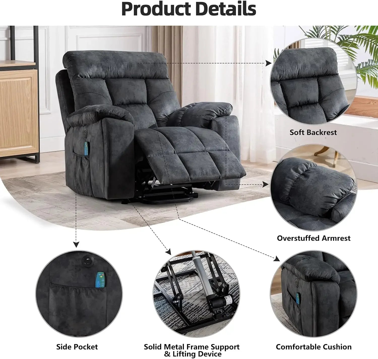 Large Power Lift Recliner Chair with Massage and Heat for Elderly Big and Tall People, Overstuffed Wide Recliners with 2 Cup