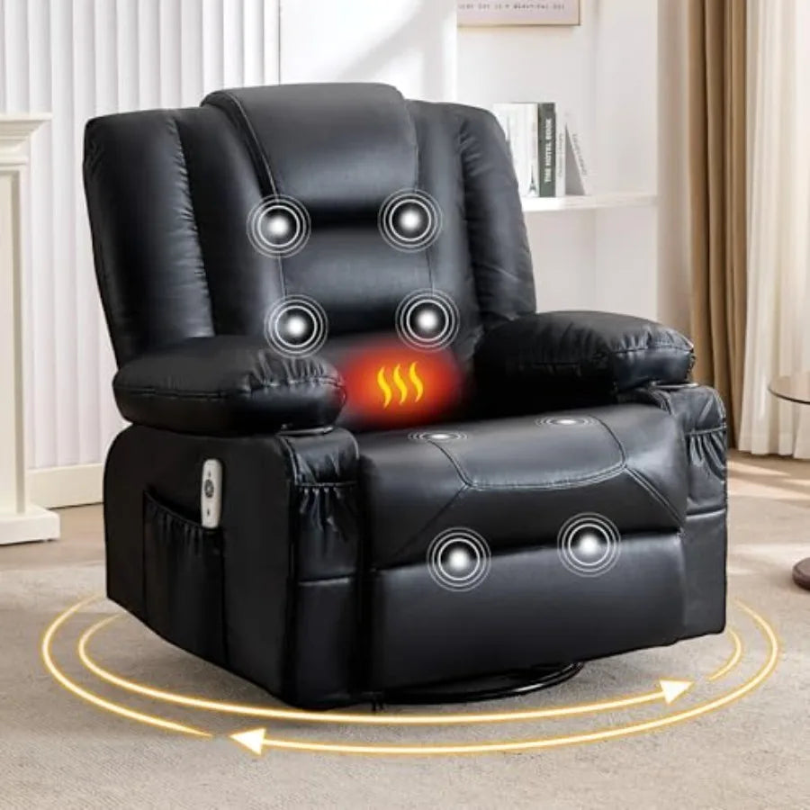 Swivel Rocker Recliner Chair with Vibration Massage and Heat for Living Room, with Rocking Function and Side Pocket, PU Leather