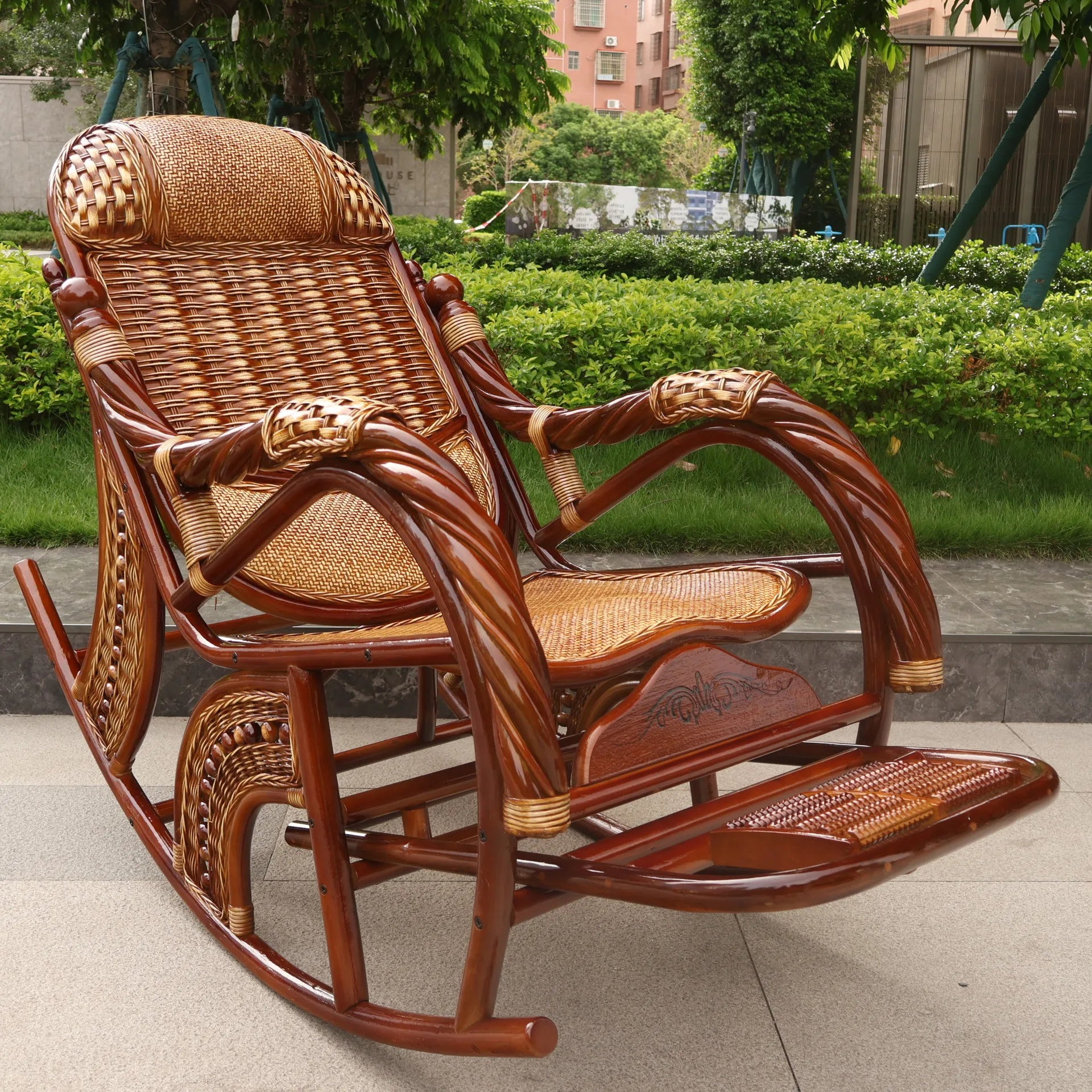 Balcony elderly rattan chair household large medium new Chinese real rattan recliner