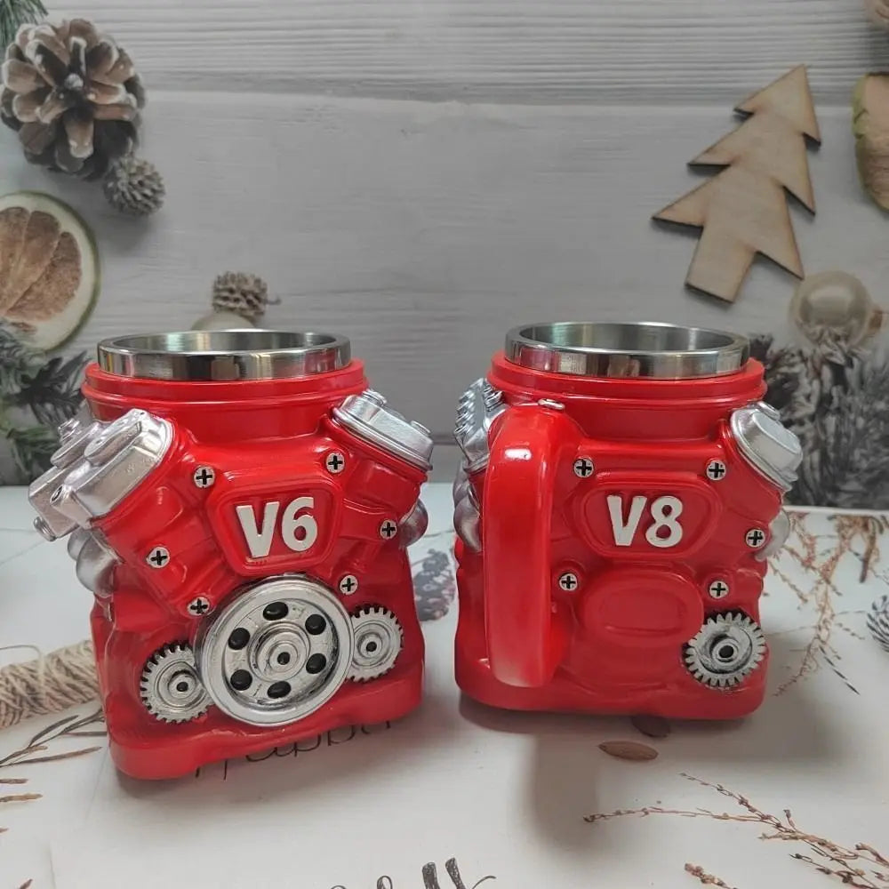 Retro Engine Coffee Mug with Handle 300ML 15oz V6 Engines Stainless Steel Cup Realistic Design Double Wall Insulation Car Mug