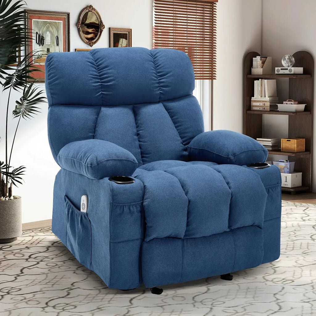 Blue Fabric Massage Recliner Ergonomic Rocker Chair With Vibration Heat USB Port Cup Holders