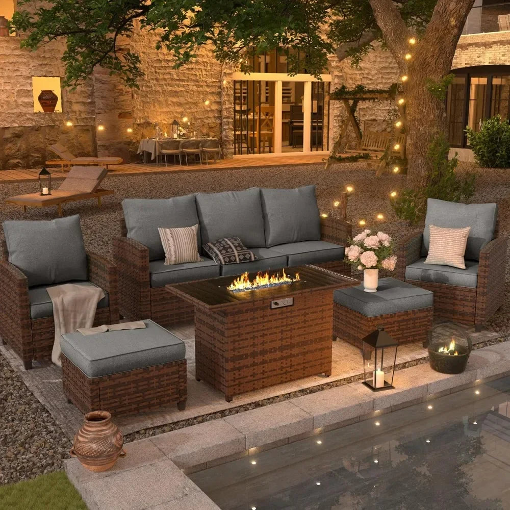 US Shipping Outdoor Patio Furniture Set with Fire Pit Table 6 Piece Sectional Conversation Set All Weather Wicker Rattan Sofa