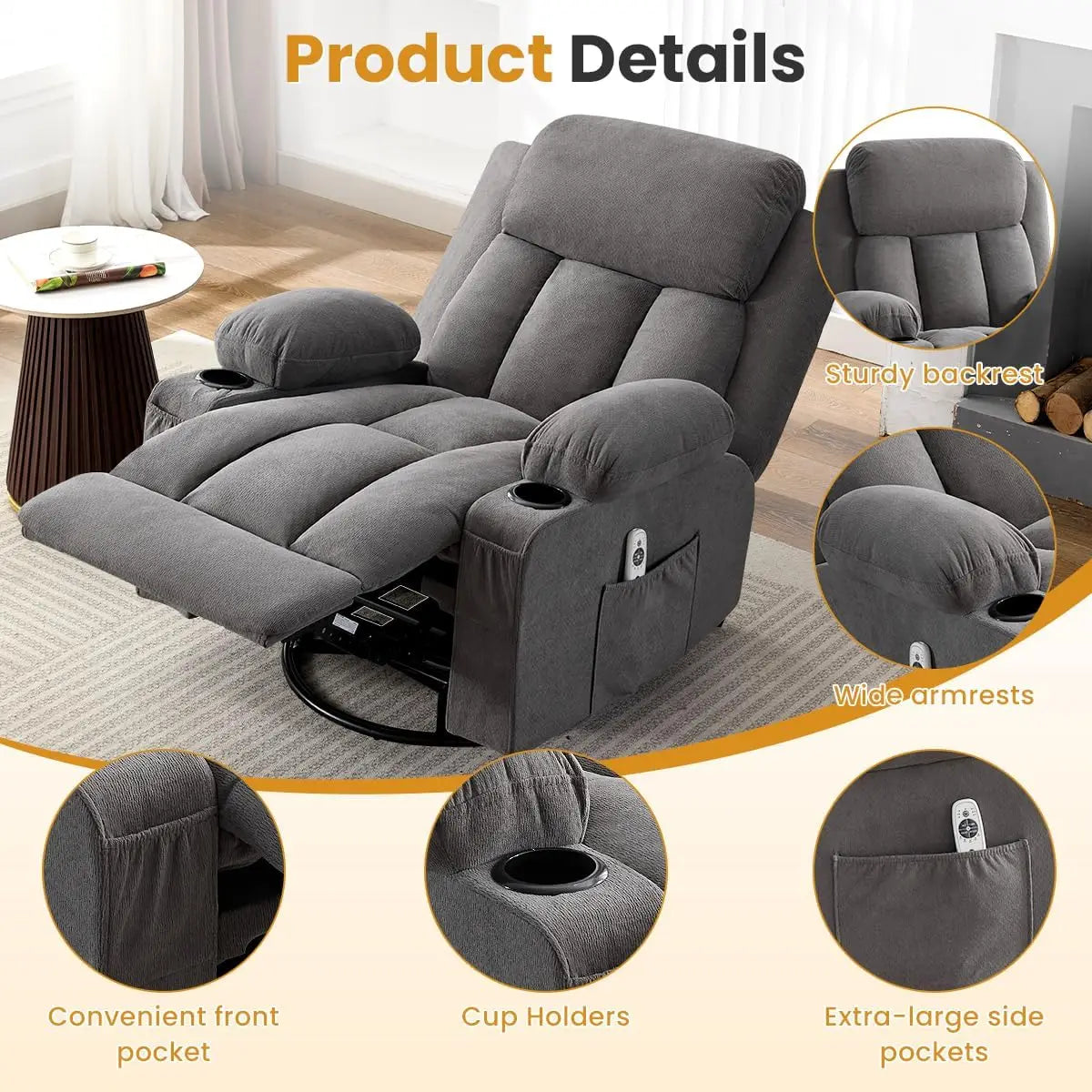 Swivel Rocker Recliner Chair Massage Heating USB Charge Side Pockets 155 Reclining 30 Rocking