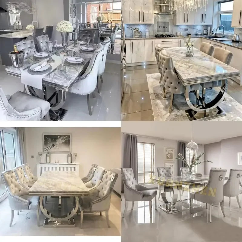 2026 Hot Sale Dining Table and 6 Chairs Set for Modern Home Grey High-End Marble Dining Table Set