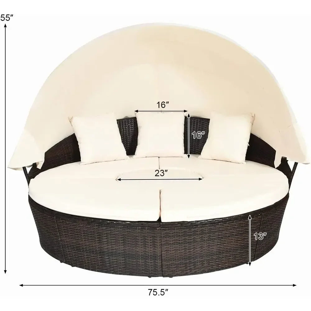 Patio Round Daybed with Retractable , Outdoor Wicker Rattan urniture Sets, Sectional Soa Set w/Height Adjustable Coee Table, Rat