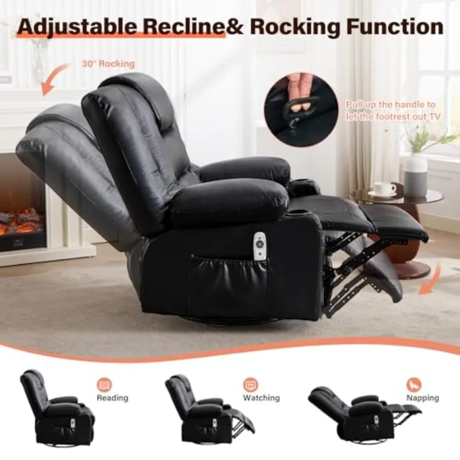 Swivel Rocker Recliner Chair with Vibration Massage and Heat for Living Room, with Rocking Function and Side Pocket, PU Leather