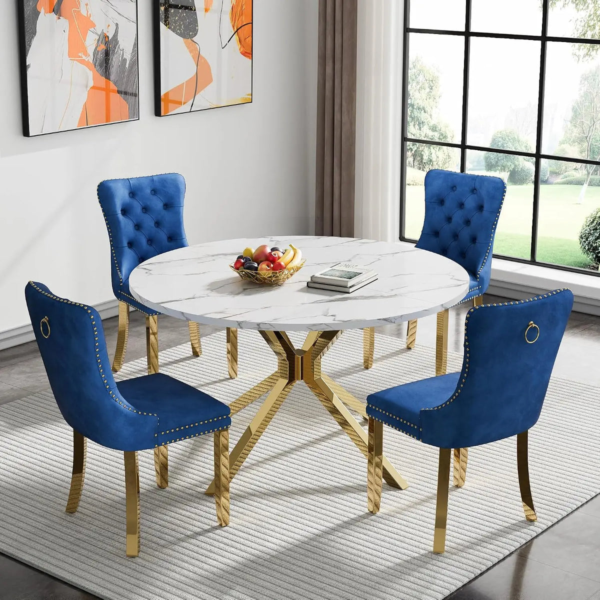 4-Seat Round Dining Table Set, 47" White Faux Marble Table with 4 Beige Velvet Tufted Chairs, Gold Stainless Steel, Customized