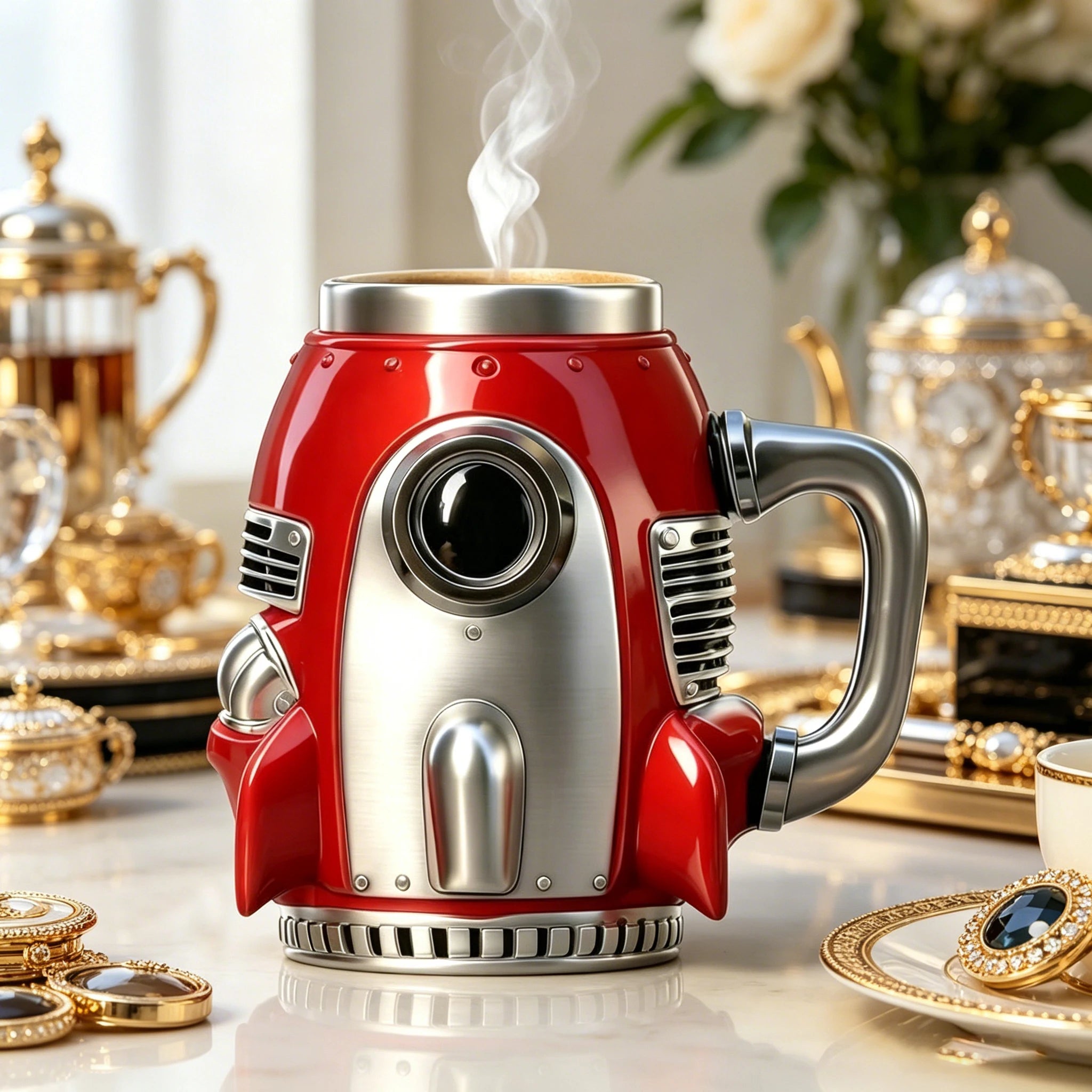 Engine coffee cup/rocket shaped coffee cup set, 304 stainless steel inner liner, durable resin shell, unique V8 car engine cylinder body and retro rocket ship design water cup, multifunctional and fun decorative desktop ornam