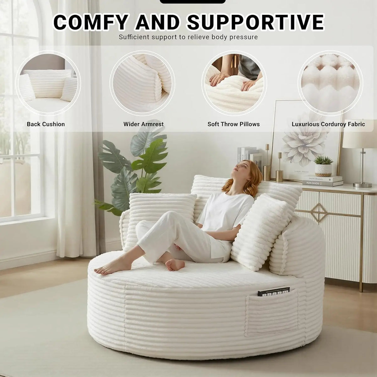 Oversized Round Lounge Chair Indoor, Corduroy Upholstered Deep Seat Cloud Circle Sofa Chair, Fluffy Boneless Sleeper Chair for R