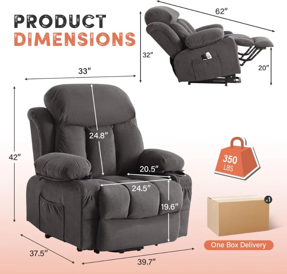 Power Lift Recliner Chair with Massage & Heat for Elderly, Electric Recliner Single Sofa Cup Holders USB