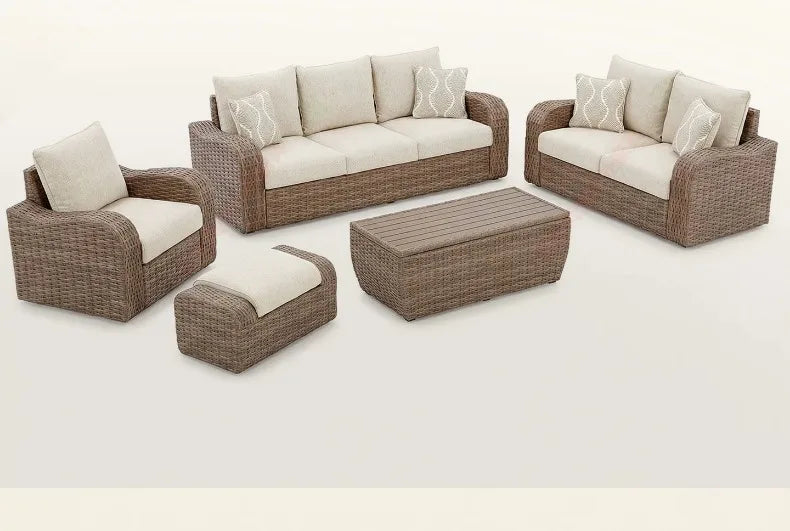 Outdoor PE Rattan Sofa Table Set, Waterproof Sun‑Resistant Patio Furniture for Garden, Balcony and Backyard Leisure Use