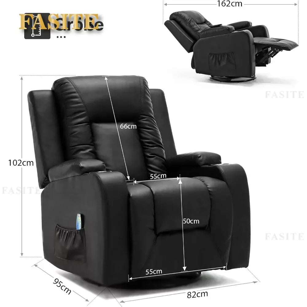 Leather Recliner Chair Modern Rocker with Heated Massage Ergonomic Lounge 360 Degree Swivel Single Sofa Seat with Drink Holders