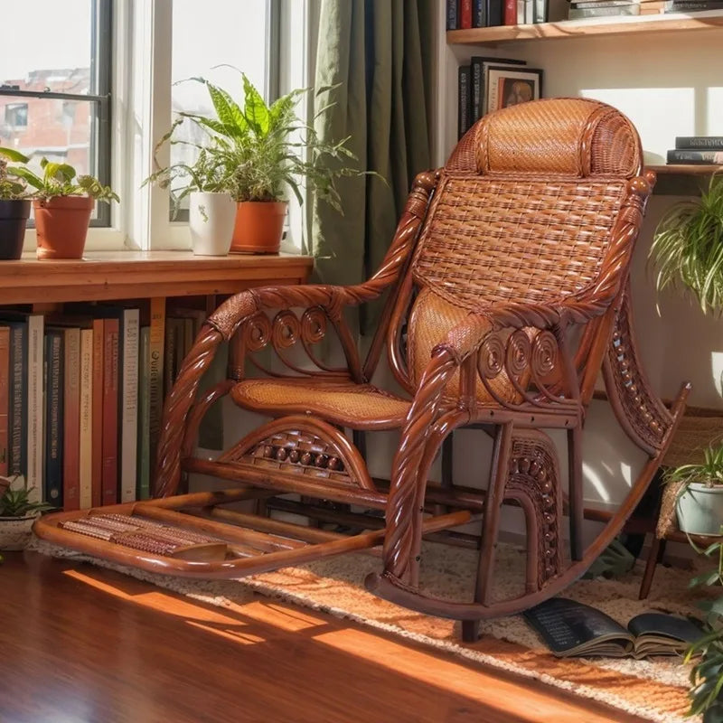 HYS rattan chair natural real rattan rocking chair adult rocking recliner leisure home balcony rattan elderly carefree nap