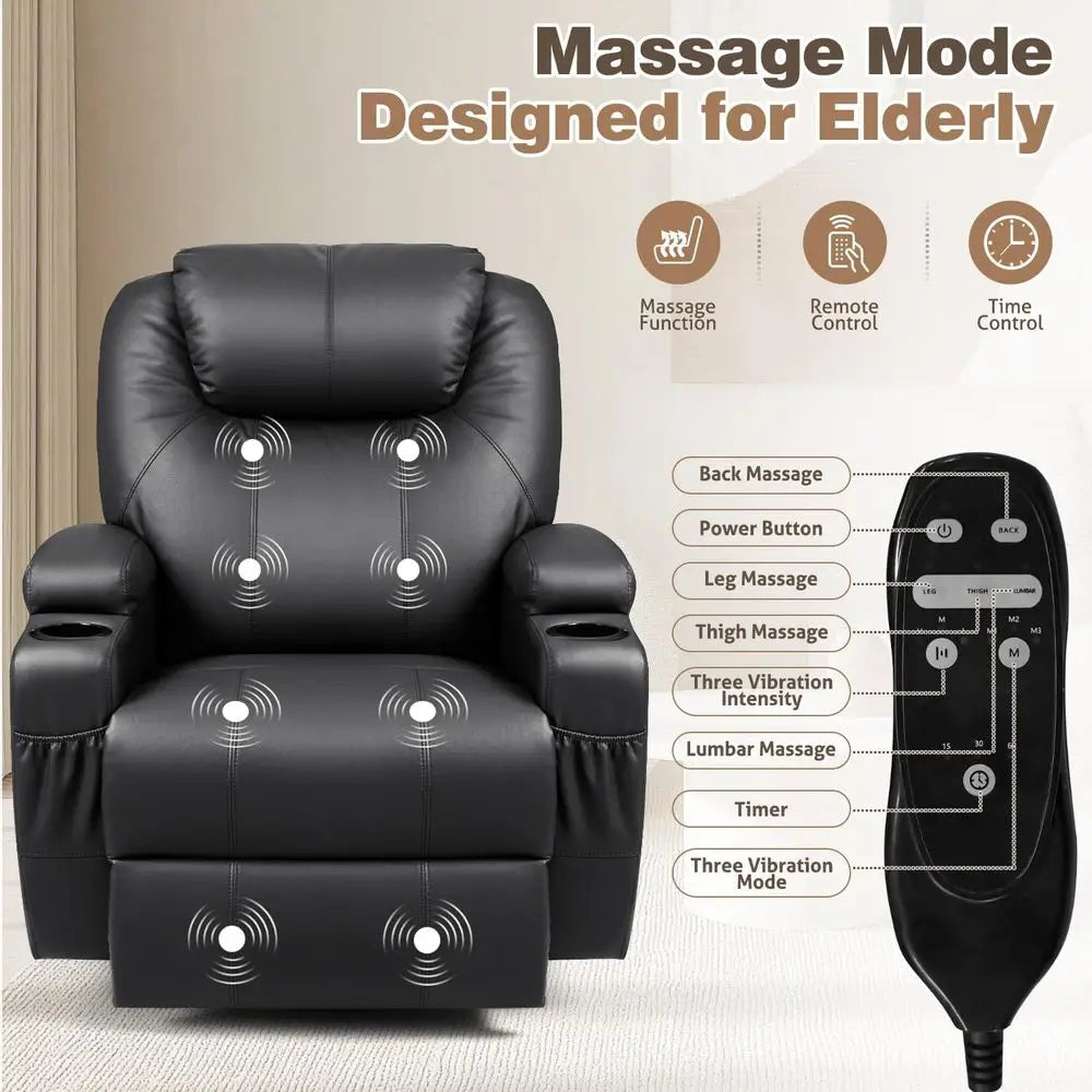 Black Leather Swivel Rocking Recliner Chair with Massage and Cup Holders for Living Room, Bedroom, or Nursery