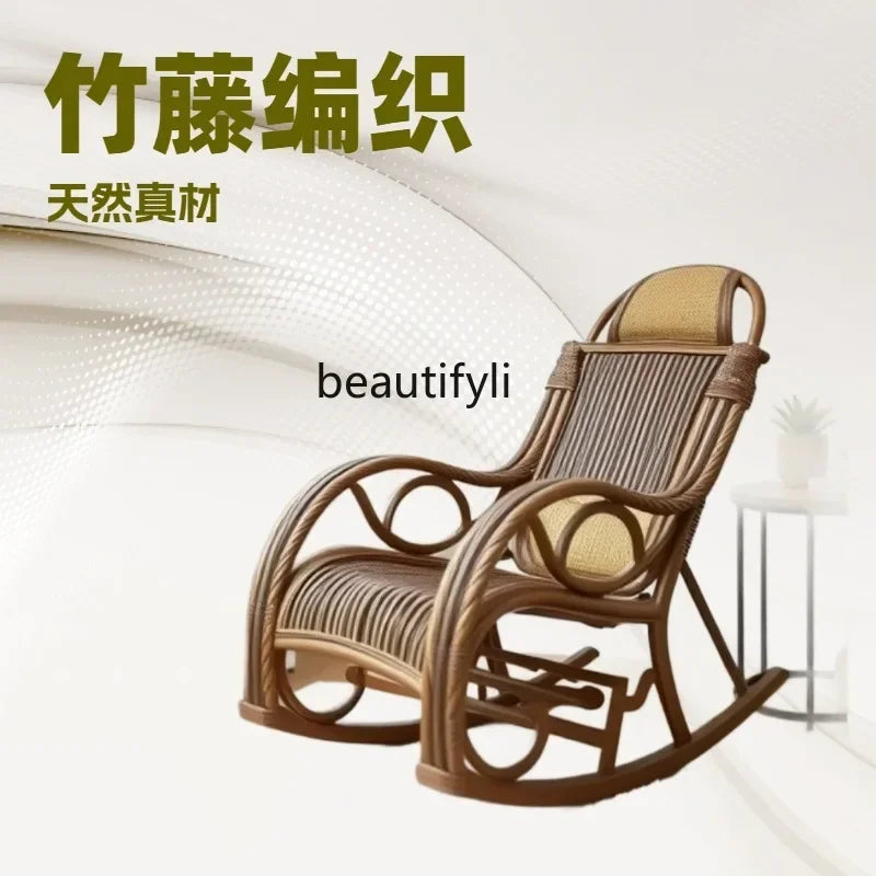 E153 Natural Real Rattan Elderly Nap Home Lazy Rocking Chair Adult Balcony Leisure Recliner