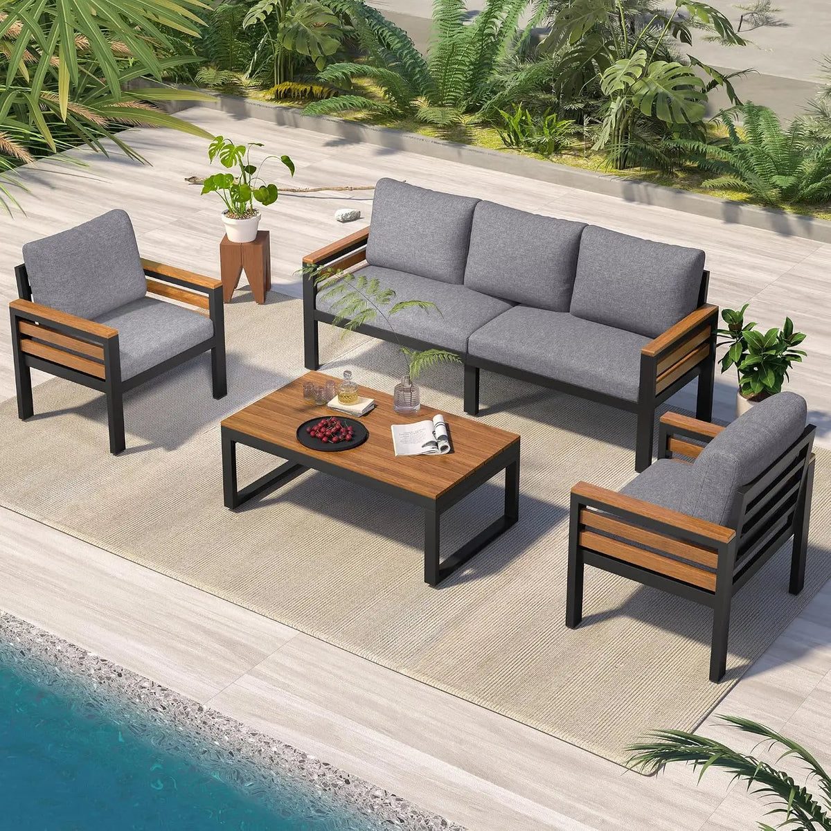 4-Piece Patio Set, All Weather Sectional w/ 2 Chairs, Loveseat & Table, Acacia Wood Outdoor Furniture with Cushions, Customized