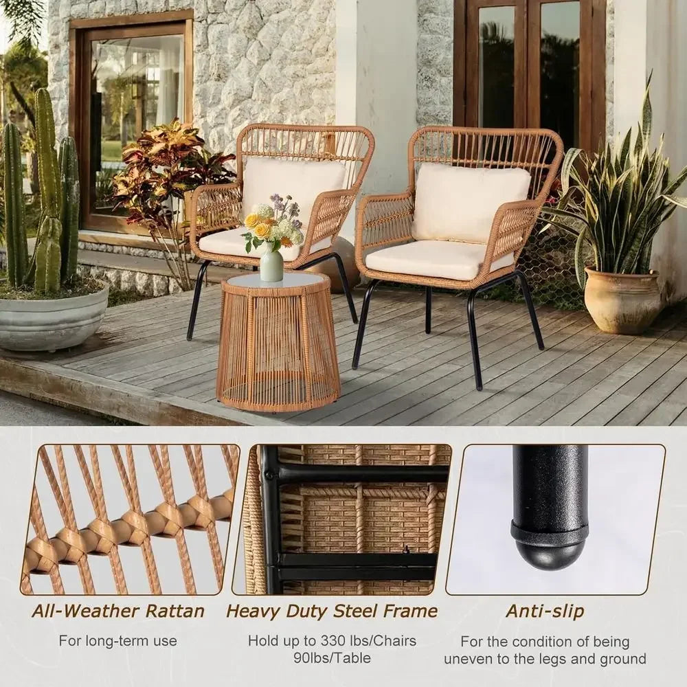 3-Piece Outdoor Wicker Bistro Set with 2 Rattan Chairs and Tempered Glass Table for Patio, Balcony, Poolside, and Backyard in Be
