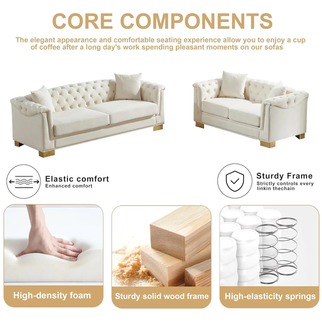 #2 Pieces 84" 3-Seater + 62" Loveseat Beige Velvet Sofa Sets, 4 Cushion Classic 6.5" Rolled Arm Modern, Customized