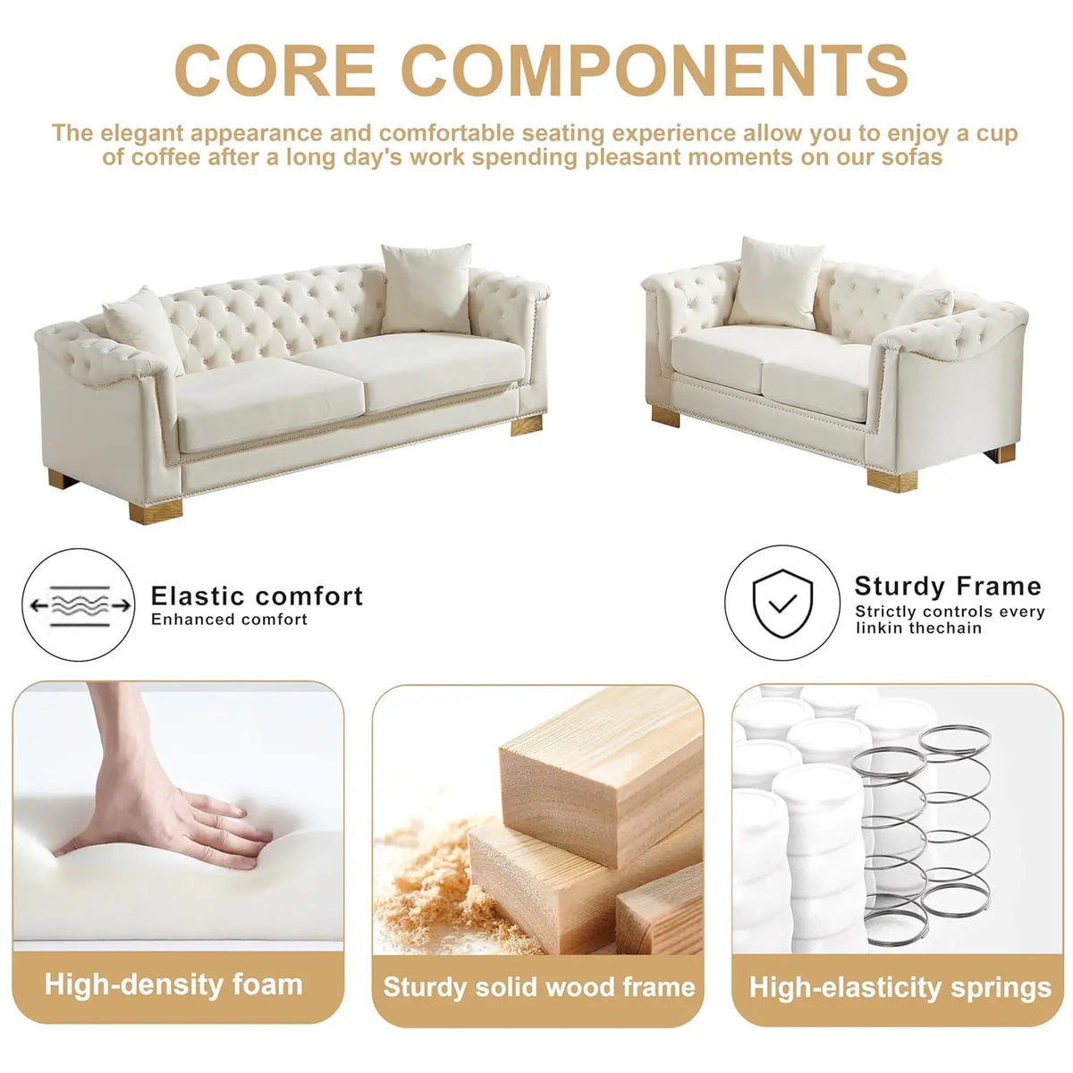 #2 Pieces 84" 3-Seater + 62" Loveseat Beige Velvet Sofa Sets, 4 Cushion Classic 6.5" Rolled Arm Modern, Customized