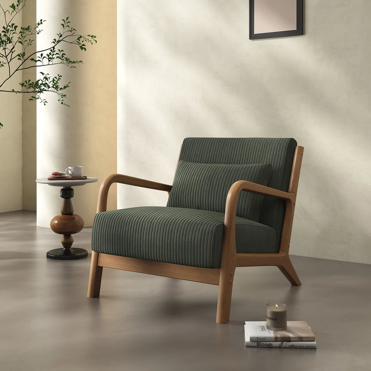 Mid Century Modern Accent Chair, Comfy Fabric Reading Chair with Solid Wood Frame, Easy Assembly Armchair for Living Room
