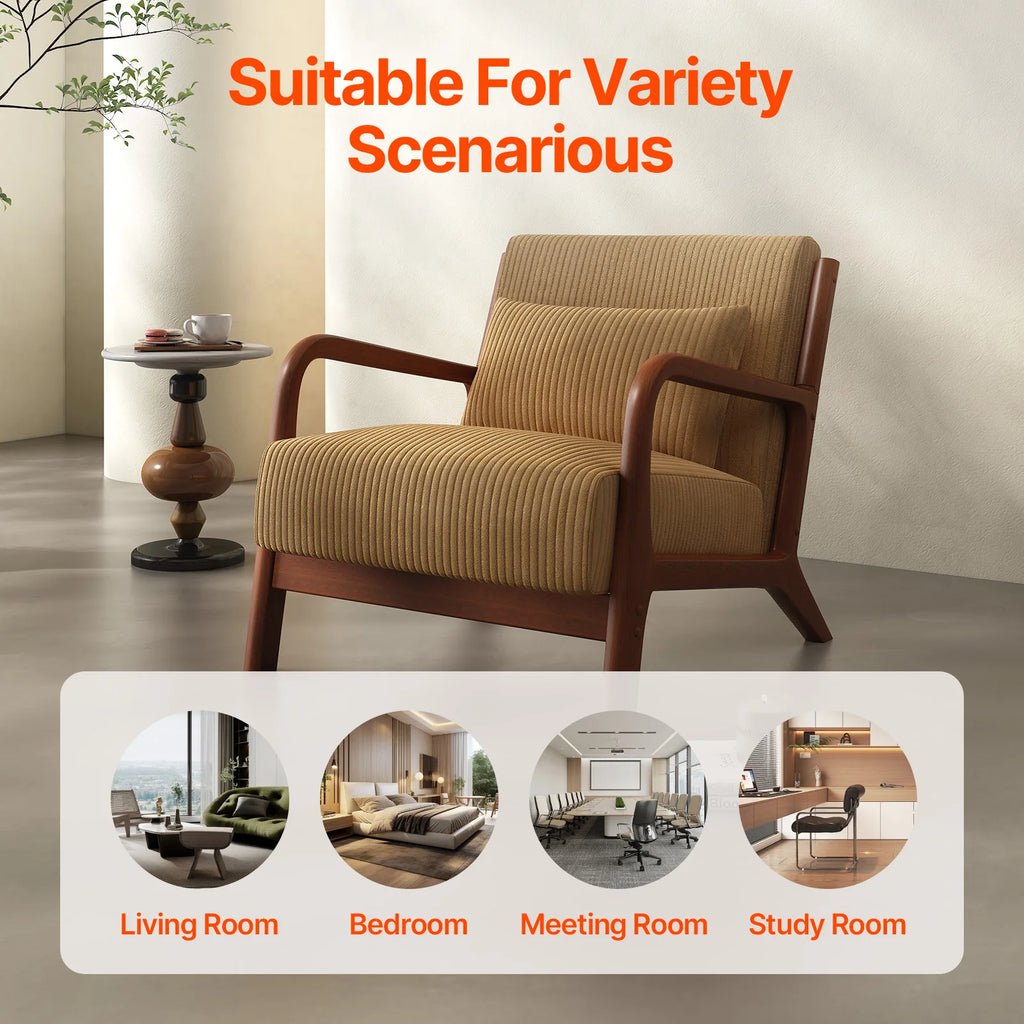 Mid Century Modern Accent Chair, Comfy Fabric Reading Chair with Solid Wood Frame, Easy Assembly Armchair for Living Room