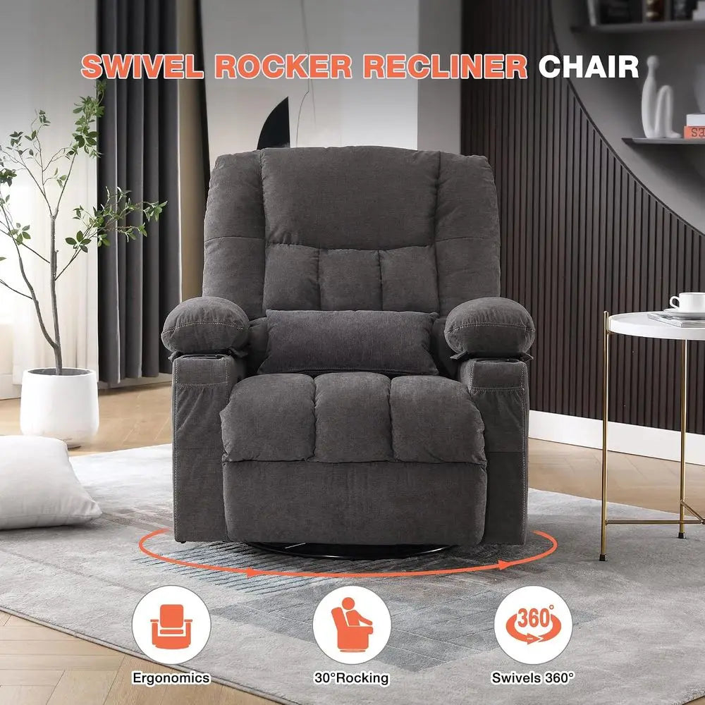 Massage Swivel Recliner Chair with Vibration Massage and Lumbar Heating for Adults, Oversized Rocker Recliner Sofa with Side Poc
