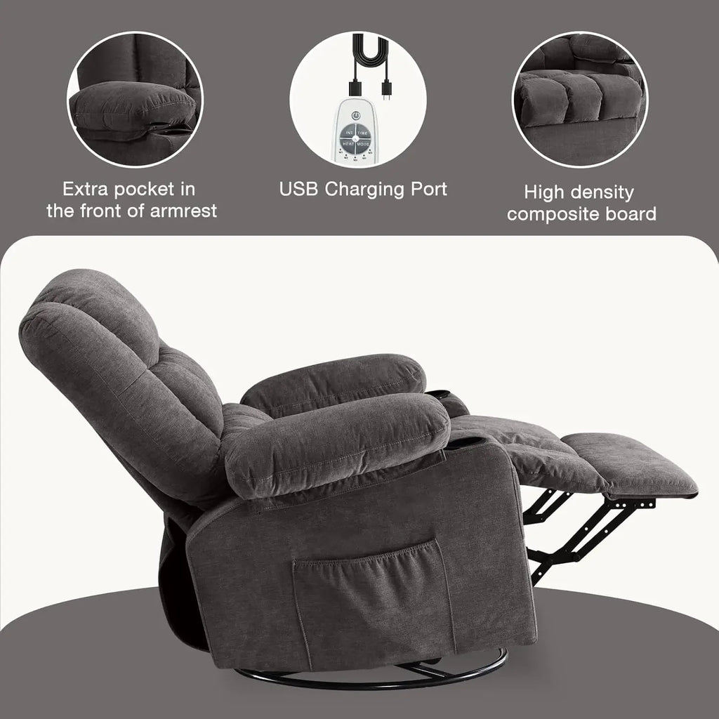 Massage Swivel Rocker Recliner Chair with Vibration & Heat, Ergonomic Lounge, USB Port, Cup Holders