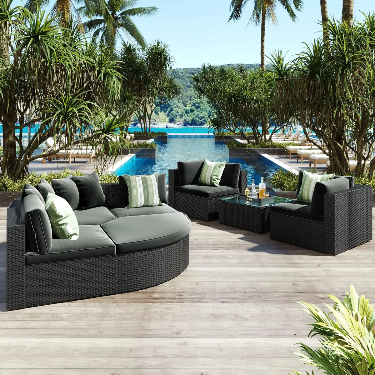 7 Piece Outdoor Patio Furniture Sofa Sets,All Weather Rattan Conversation Sofa Set with Striped Green Pillows/Tempered, Custom