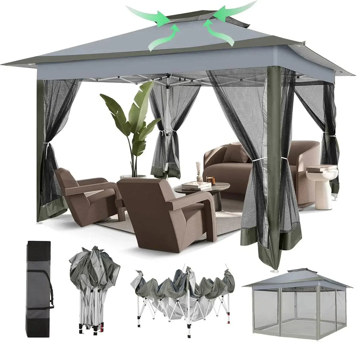 11x11 Pop Up Gazebo with Netting, Canopy Tent, Gray