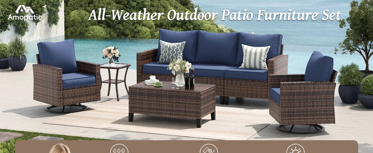 Amopatio Patio Furniture Set with Fire Pit Table, Wicker Outdoor Sectional Sofa with Swivel Rocker Chairs, All-Weather Rattan Co