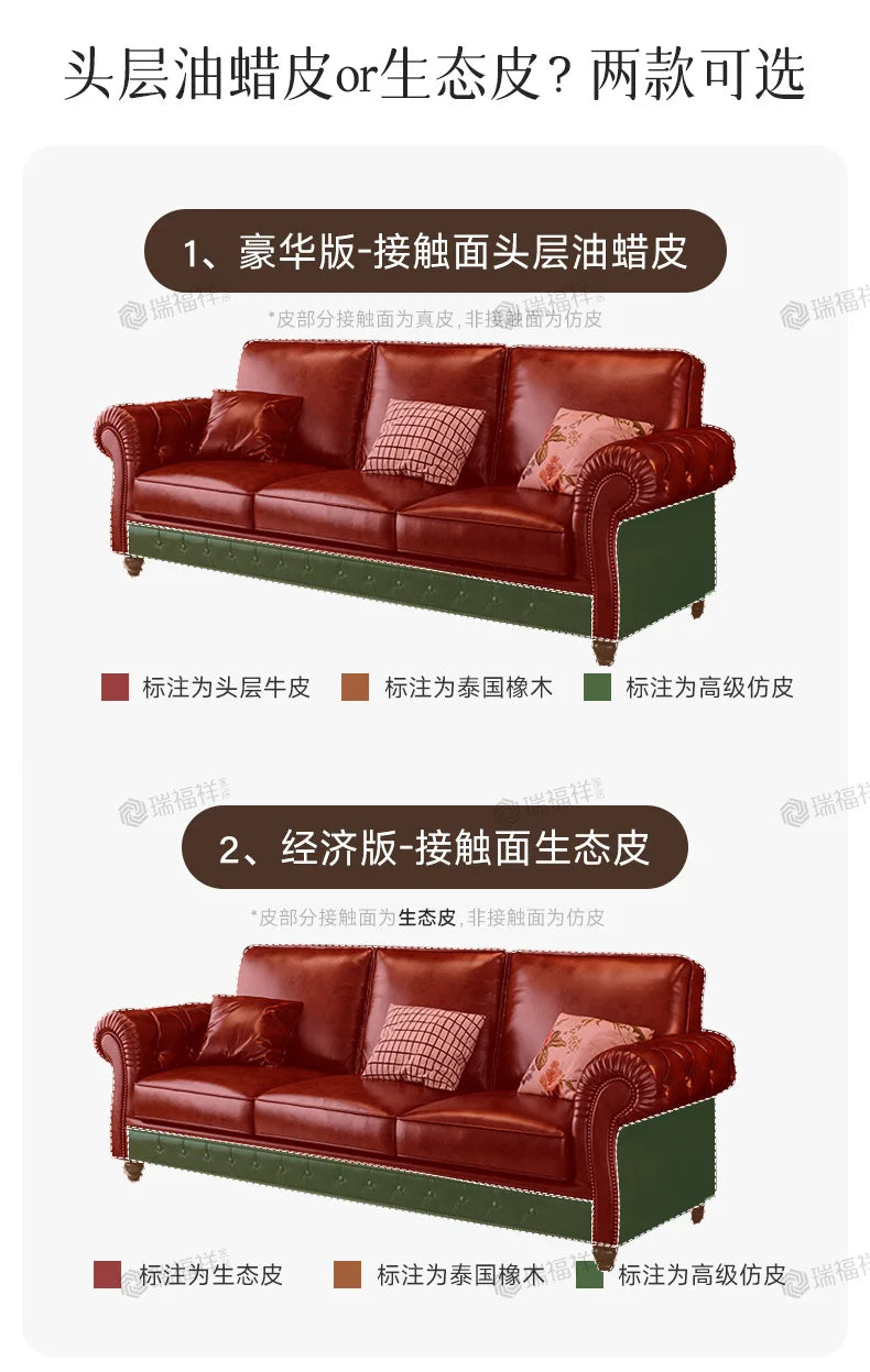 4-10 genuine leather sofa, living room 3-4 seater sectional, vintage oil wax leather brown straight sofa