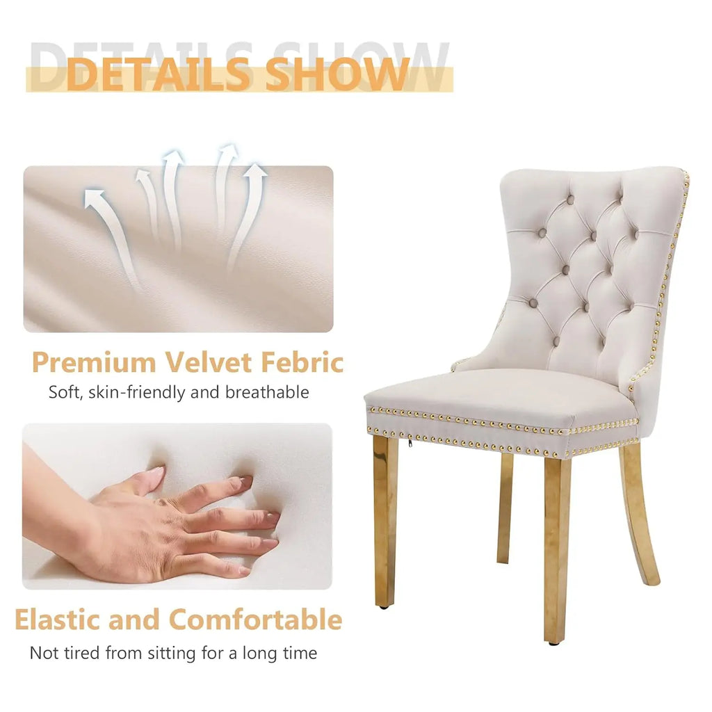 4-Seat Round Dining Table Set, 47" White Faux Marble Table with 4 Beige Velvet Tufted Chairs, Gold Stainless Steel, Customized