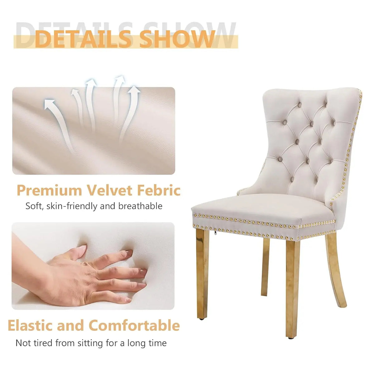 4-Seat Round Dining Table Set, 47" White Faux Marble Table with 4 Beige Velvet Tufted Chairs, Gold Stainless Steel, Customized