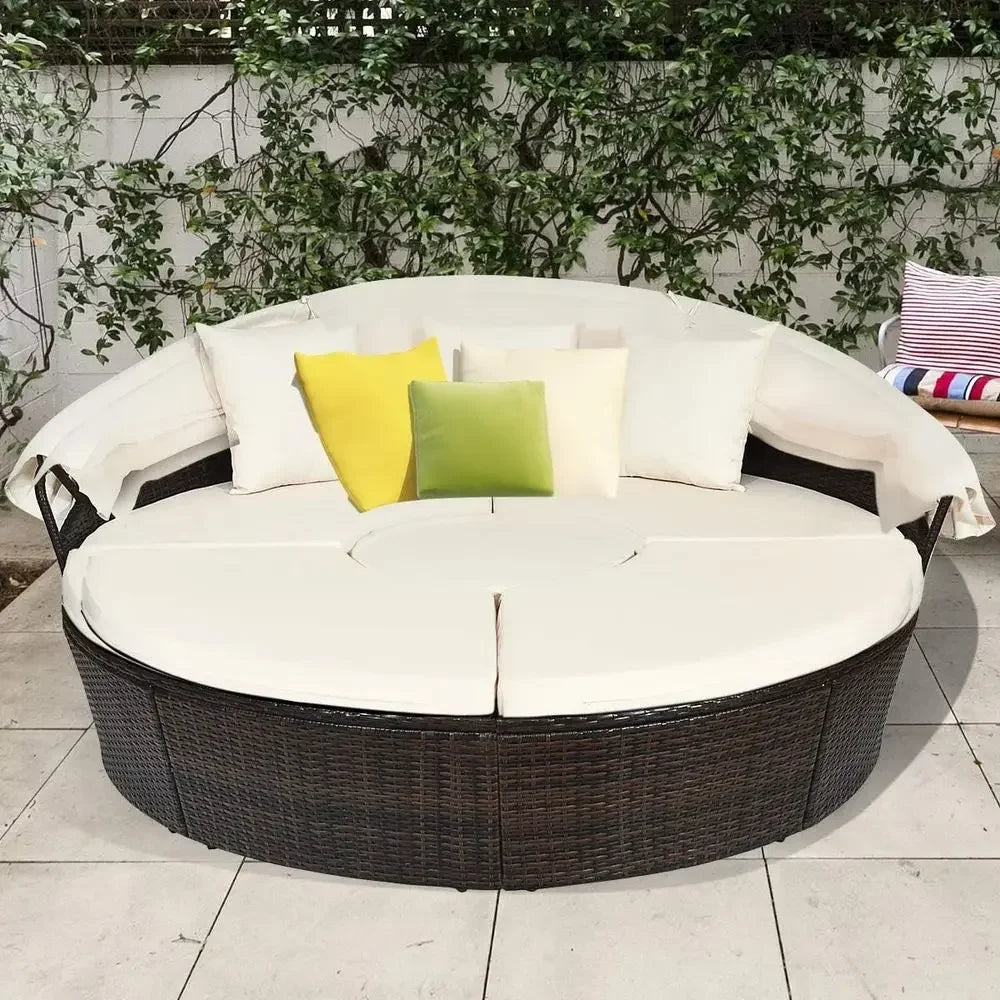 Patio Round Daybed with Retractable , Outdoor Wicker Rattan urniture Sets, Sectional Soa Set w/Height Adjustable Coee Table, Rat