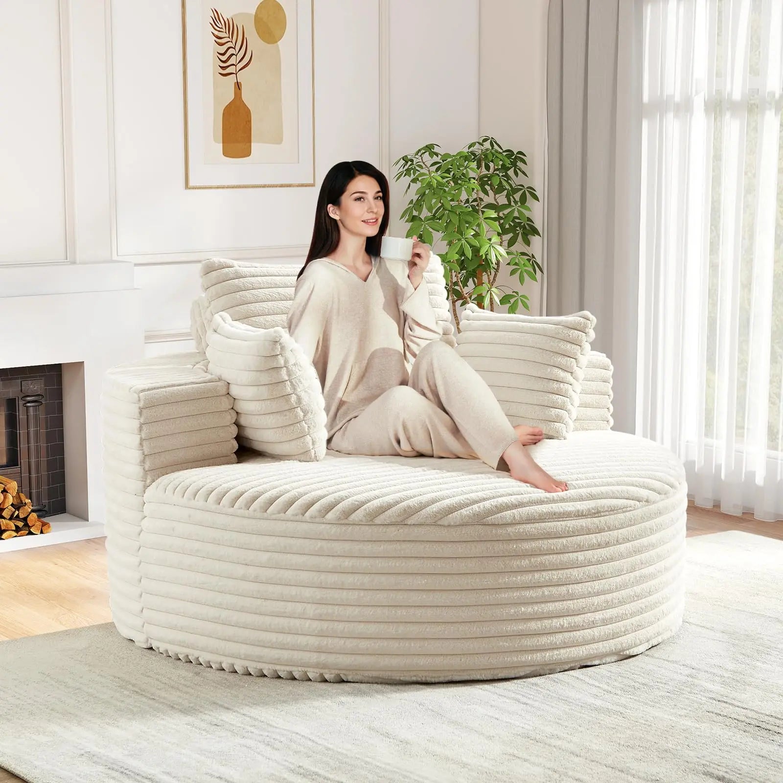 Round Chaise Longue Chair Indoor, Modern 55-inch Upholstered Corduroy Deep Seat Circle Single Cloud Lounge, Customized