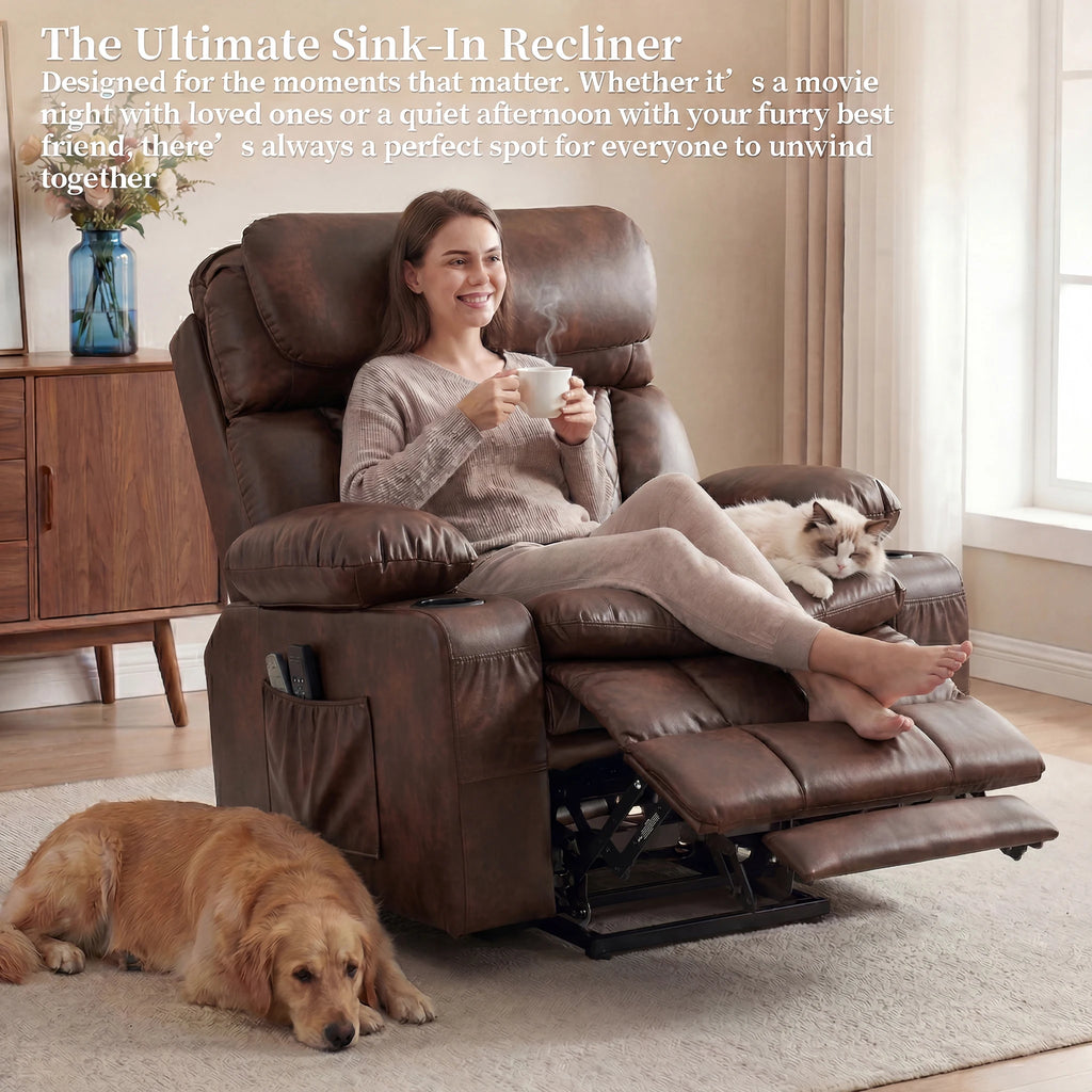 Redlife Oversized Dual Motor Power Lift Recliner for Elderly | Zero Gravity 25.6" Wide Seat, Massage ＆ Heat, Adjustable Headrest & Hidden Storage, Leathaire