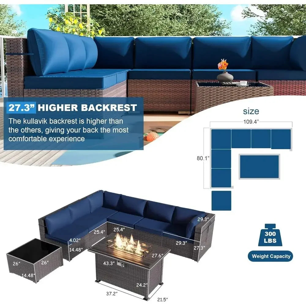 8 Pieces Outdoor Patio urniture Set with 43" 55000Gas Propane ire Pit Table PE Wicker Rattan Sectional Soa Patio Contion Sets,Na