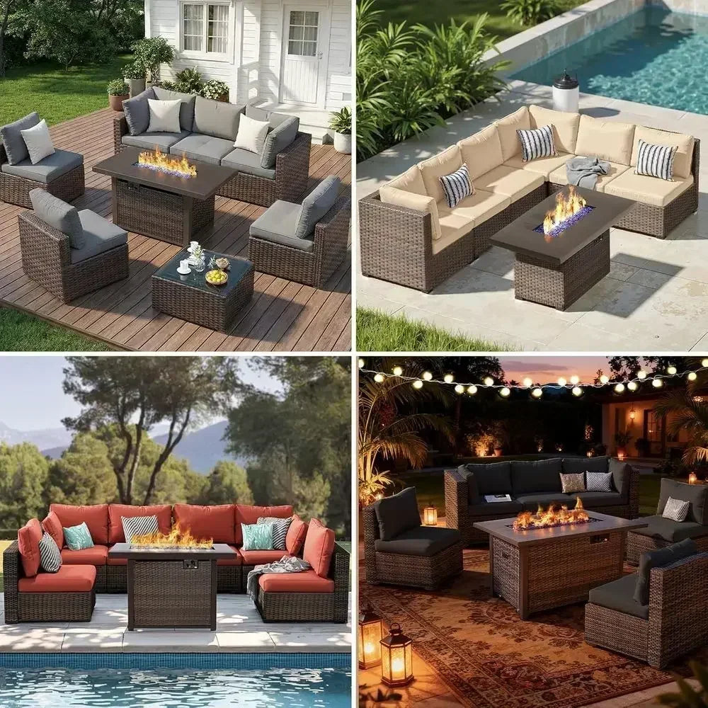 8-Piece Outdoor Patio Sectional Set with 44 Propane Wicker Table, Cushioned for Backyard, Poolside, Garden in Black