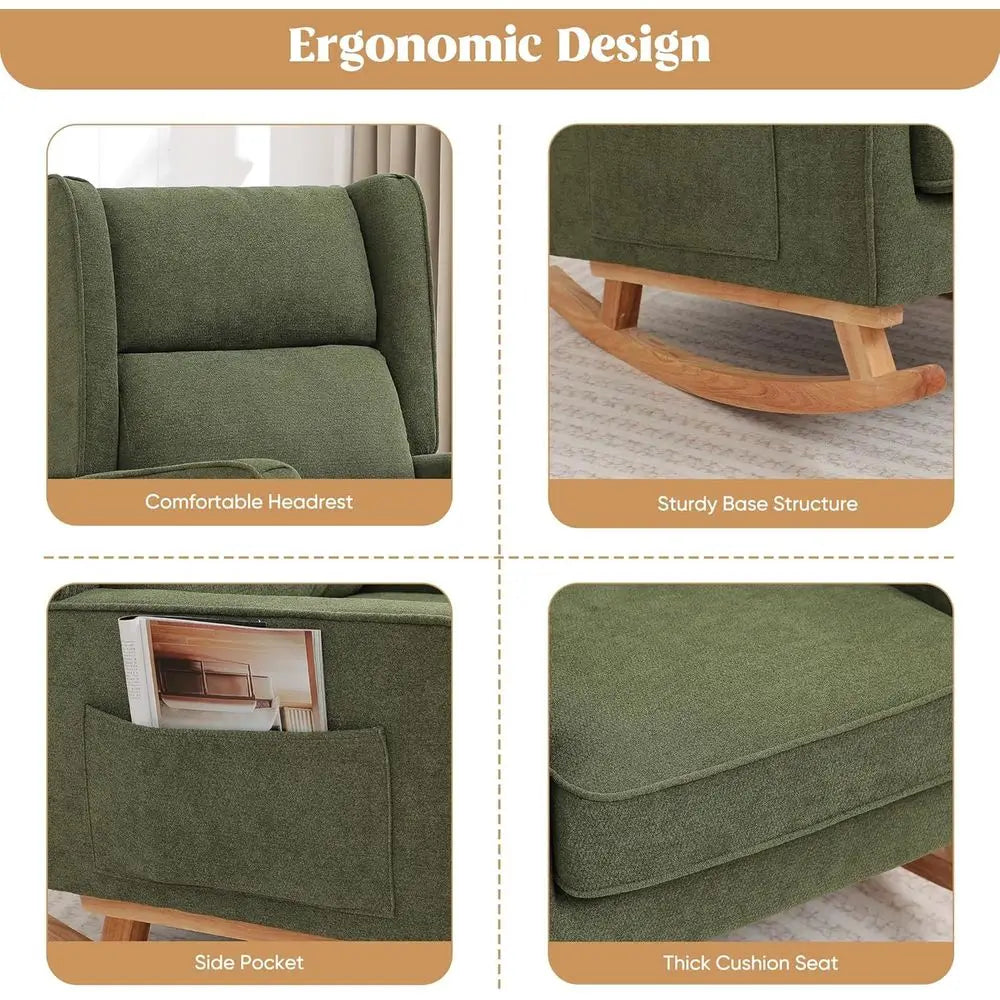 High-Back Solid Wood Nursery Rocking Chair with Wingback Accents for Comfortable Reading in Living Room or Bedroom