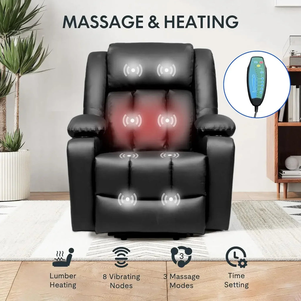 XL31 Power Lift Recliner Chair for Elderly, Electric Lift Chair with Massage & Heat, PU Leather Reclining Sofa w/Cup Holders, Si