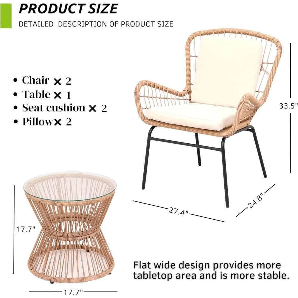 Boho Style Patio Set for Small Spaces，3 Piece Rattan Patio Bistro Set,Outdoor Wicker Furniture with 2 Chairs and Glass Top Table