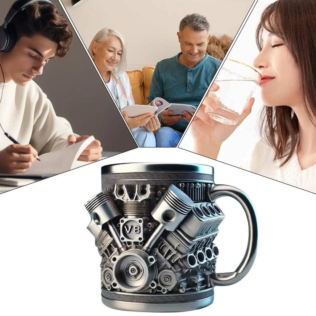Stainless Steel Drink Mug Engine Design Water Drink Mug Beverage Tea Juice Milk Container Double Wall Insulated for Morning