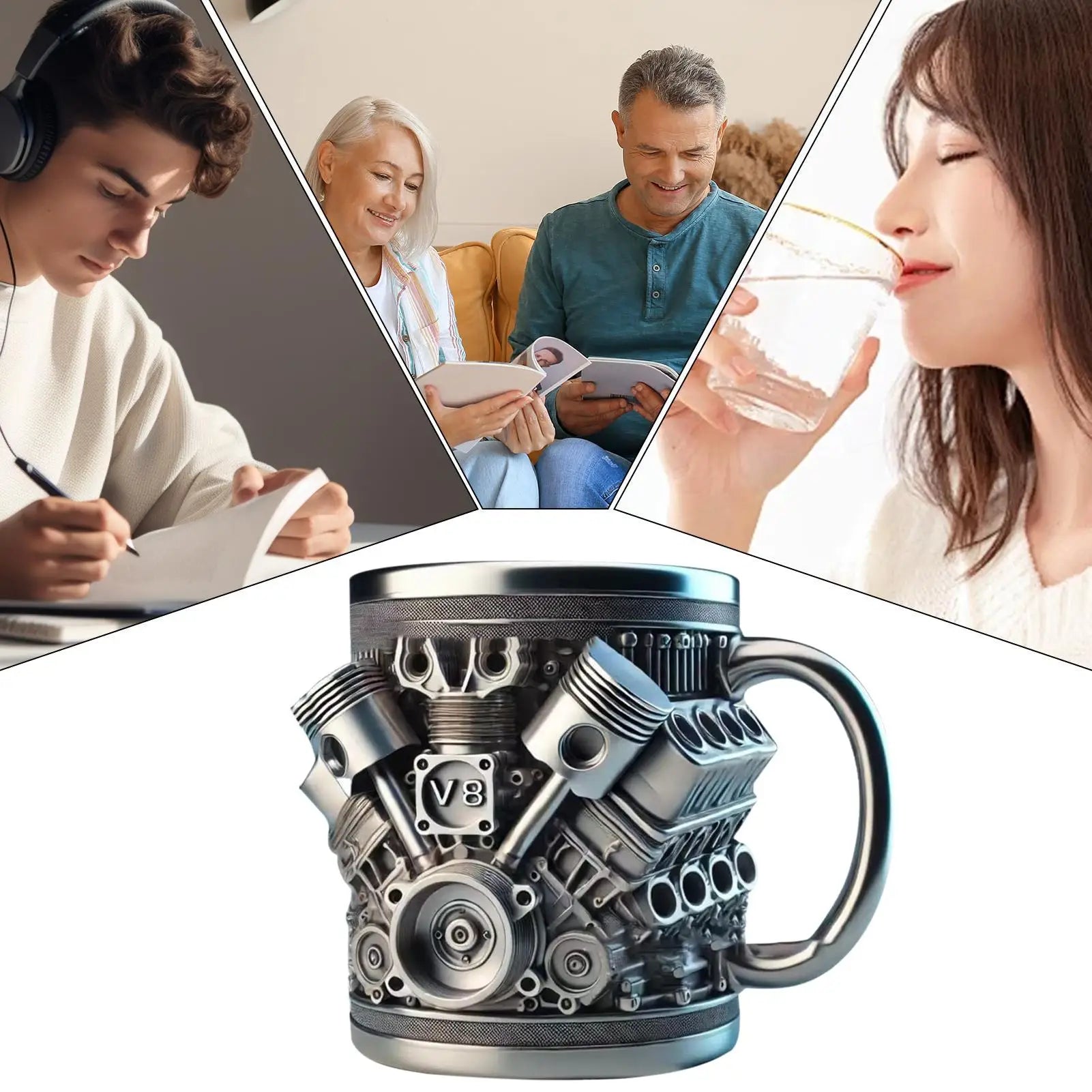 Stainless Steel Drink Mug Engine Design Water Drink Mug Beverage Tea Juice Milk Container Double Wall Insulated for Morning